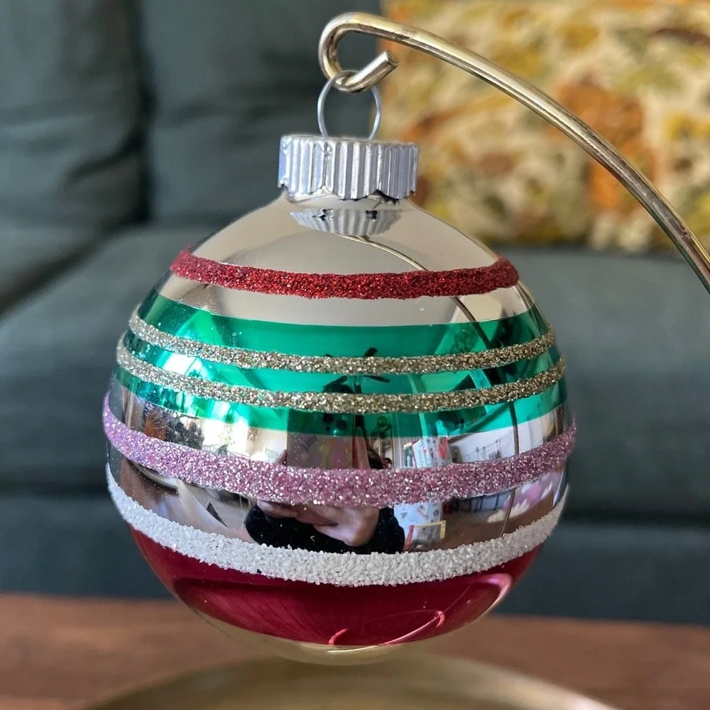 Radko Shiny Brite Glitter Striped Ornament Indent Ball Pink‎ Teal blue jumbo